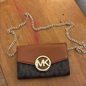Michael Kors Brown and Black Wallet/Crossbody with gold chain - EUC